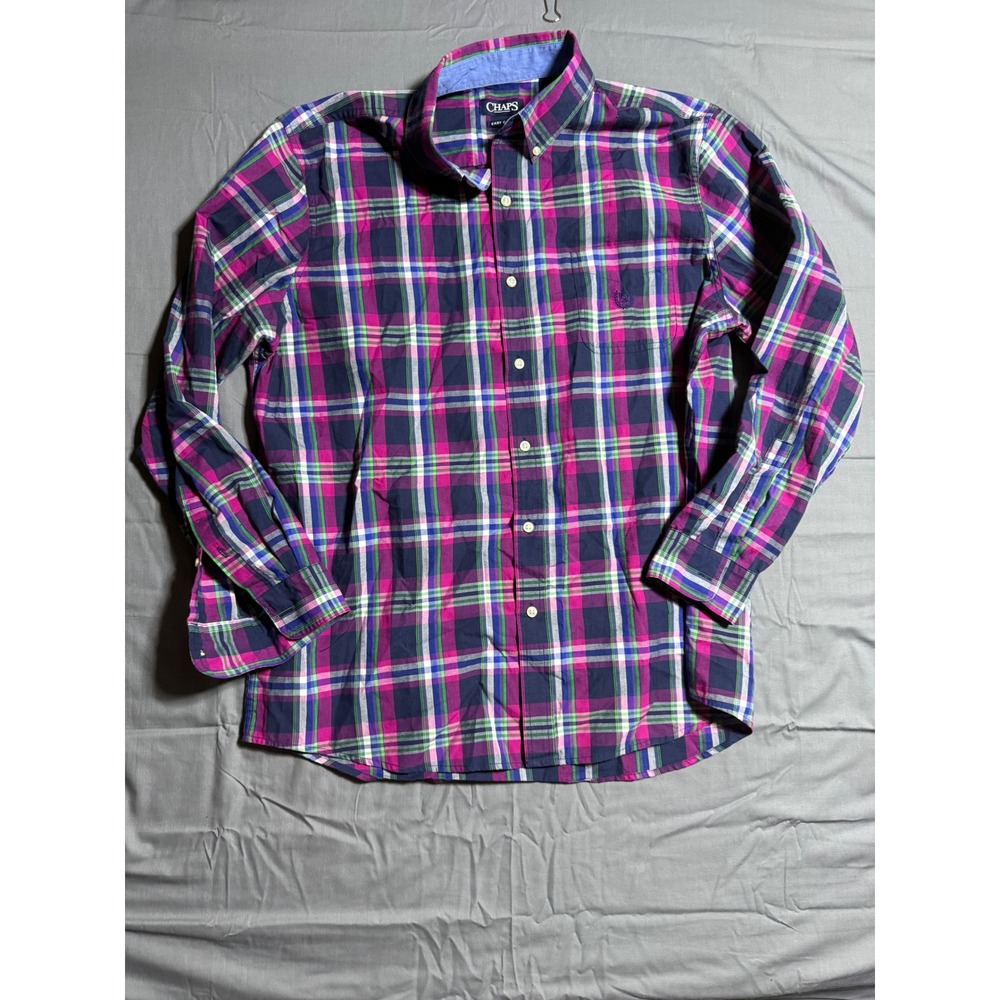 Chaps Button Down Shirt Mens XL Purple Pink Plaid Good Easy Care Long Sleeve